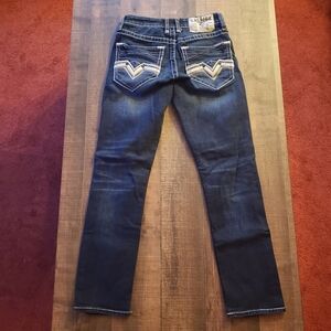 Mens Salvage Havoc Straight Slim Fit Distressed Dark Blue Buckle Jeans 28x29 EUC